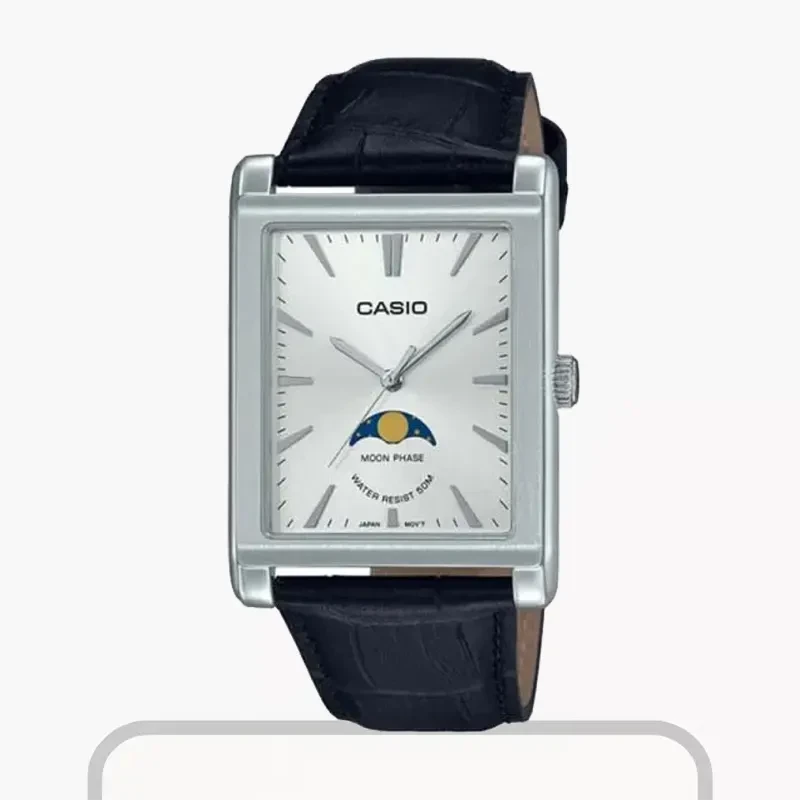 Casio Moon Phase Silver Dial Leather Men's Watch- MTP-M105L-7AV